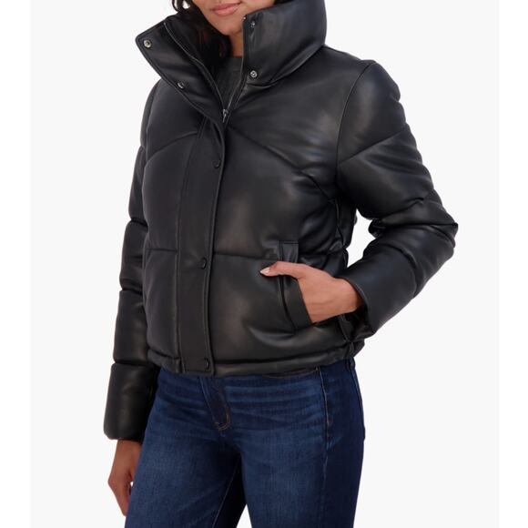 New SEBBY Nordstrom Women's Black Short Faux Leather Puffer Jacket Size XS - Picture 3 of 8